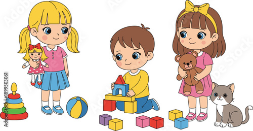 Cute children playing with toys illustration with dolls, blocks and pets isolated on white background for childhood, education, playtime concepts
