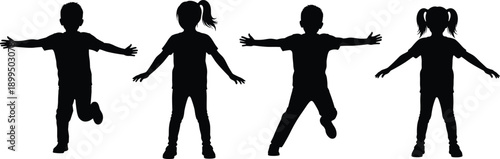 Happy children silhouette illustration, kids jumping and standing poses, playful childhood concept, black child figures isolated on white