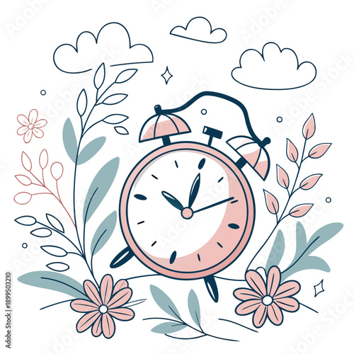 Vintage alarm clock surrounded by delicate floral and cloud decorations