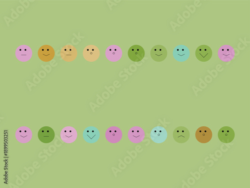 Colorful emoticon faces arranged in two rows on green background