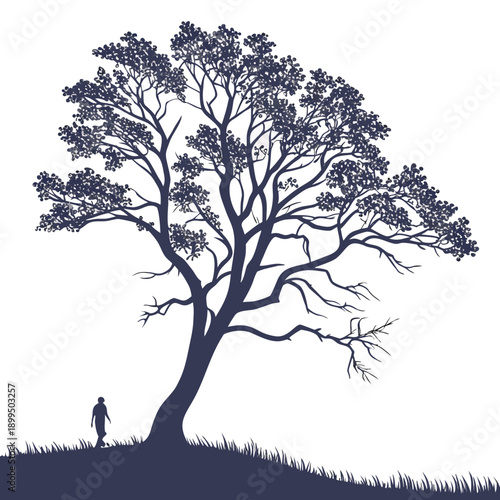 Silhouette of a lone tree with a solitary figure in a serene landscape