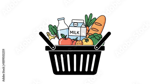 Grocery shopping basket filled with fresh produce, milk, and other essentials from a store, viewed from the front.