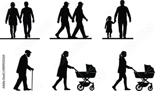 Family life stages silhouette illustration, people walking together, parents children elderly generations concept, black human figures isolated on white