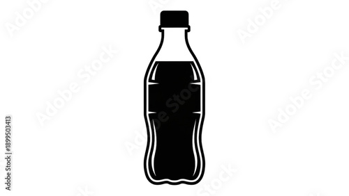 A black and white illustration of a plastic soda bottle from a front viewpoint