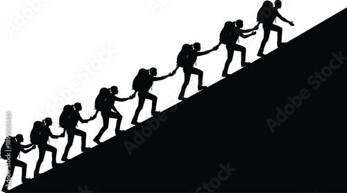 Team climbing mountain silhouette, people helping each other reach summit, teamwork leadership success concept vector illustration isolated