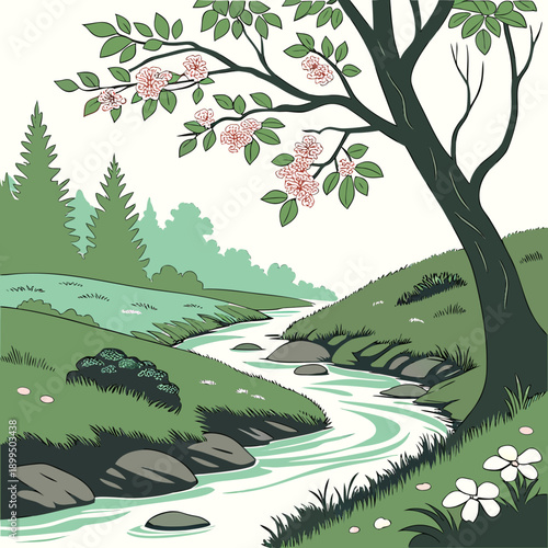 A serene forest stream surrounded by lush greenery and delicate wildflowers