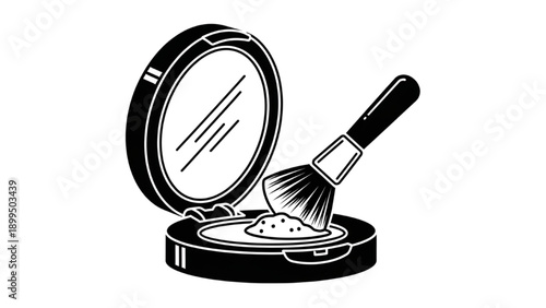Cosmetic compact and brush illustration on a clean white background from a front viewpoint