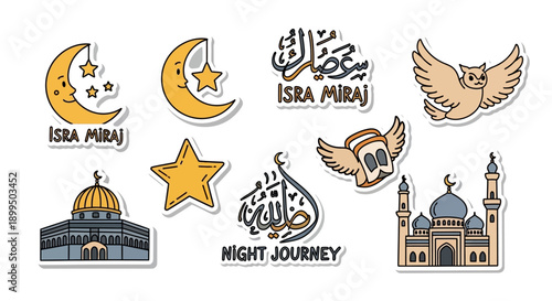 Isra Miraj Night Journey Islamic Holiday Sticker Set with Mosques and Symbols
