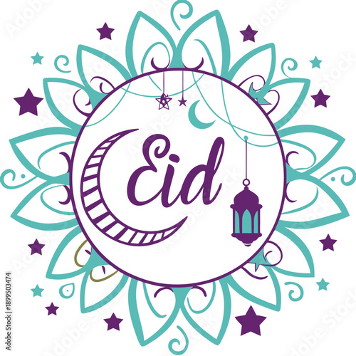 Eid Decoration: A beautiful Eid decoration with a crescent moon, lantern, and stars, perfect for celebrating the joyous occasion.