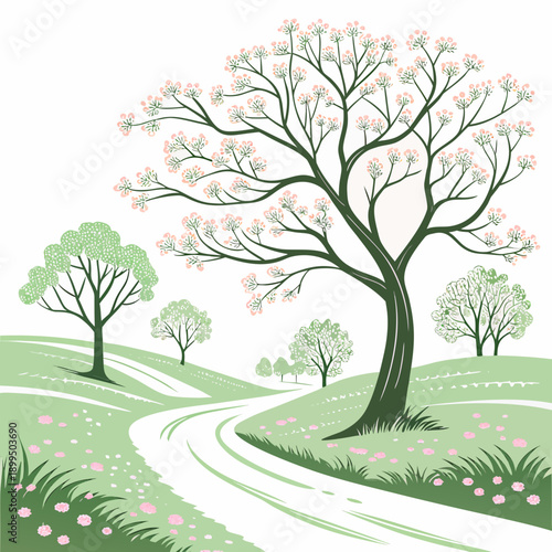 A serene path winding through a peaceful countryside landscape with lone trees.