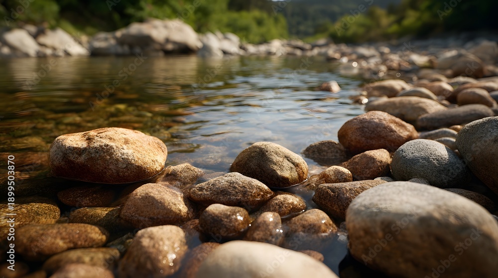 Obraz premium Close up of smooth river stones in clear flowing water under d d sunlight
