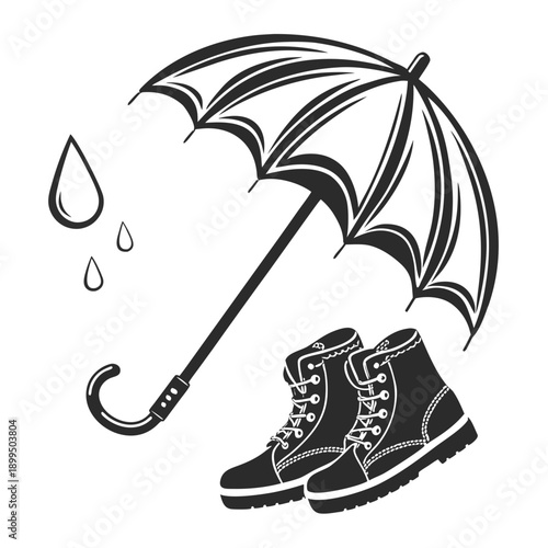 A stylish person standing ready with an umbrella and boots during light rain.