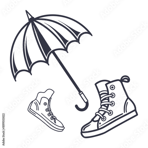 Whimsical illustration of footwear and an umbrella under light rain