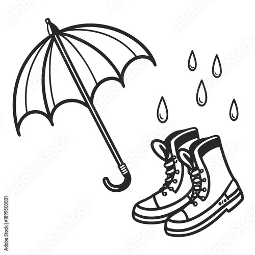 Person holding an umbrella while wearing rain boots in light drizzle