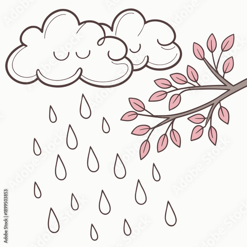 A serene illustration of rain droplets falling from a cloud onto a bare tree branch adorned with blossoms