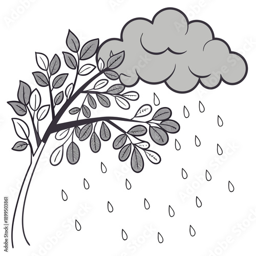 A serene tree standing under a cloud with gentle raindrops falling around it.