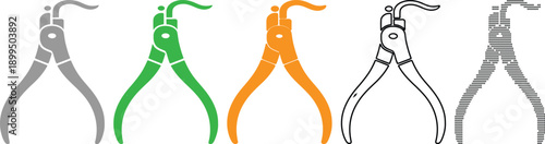Variety of dental pliers in different colors and styles for dental procedures