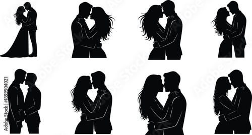 Romantic couple silhouettes collection, lovers embracing and kissing poses, love relationship intimacy concept vector illustration isolated on white