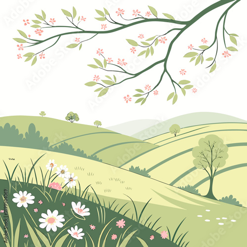 Springtime landscape with blooming flowers and a solitary tree on a gentle hillside