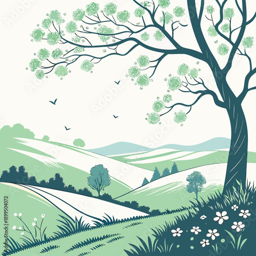 Serene countryside landscape with gentle rolling hills and pathway