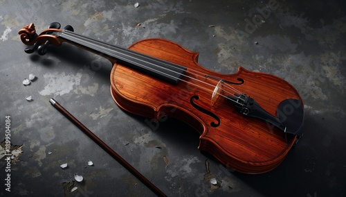 Violin Placed on a Dark Surface Next to Wooden Items in a Simple Indoor Setting