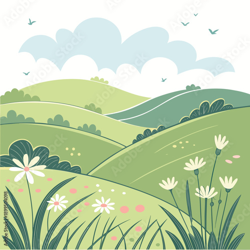 A serene pastoral landscape with rolling hills and blooming wildflowers under a clear sky