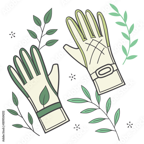 A pair of gardening gloves surrounded by leafy green plants and vines.