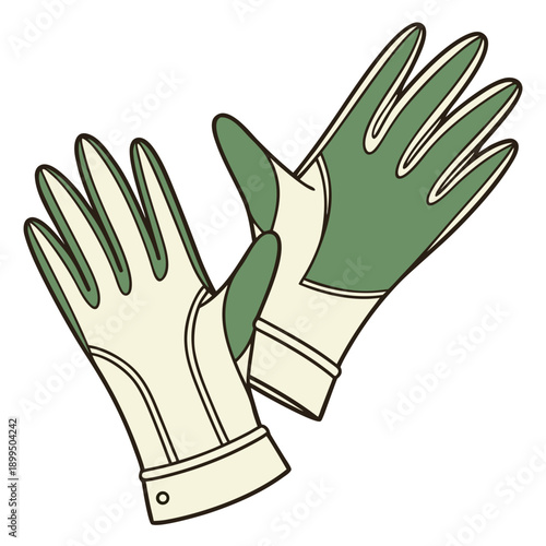 A pair of green and beige gardening gloves displayed side by side