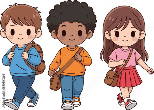 Cute school children walking together illustration, diverse kids with backpacks, back to school concept