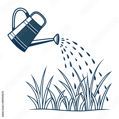 Watering can pouring water onto a patch of green grass
