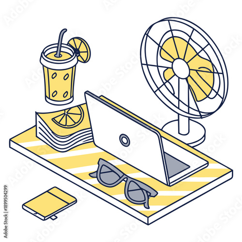 A creative workspace featuring a desk with a fan, coffee mug, and a relaxed atmosphere