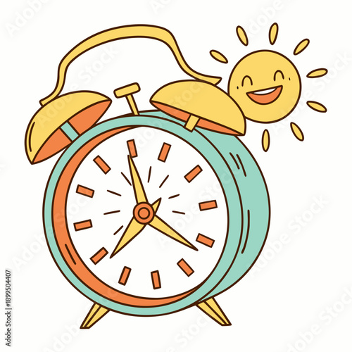 Cheerful alarm clock with a smiling sun and bright colors waking up the day