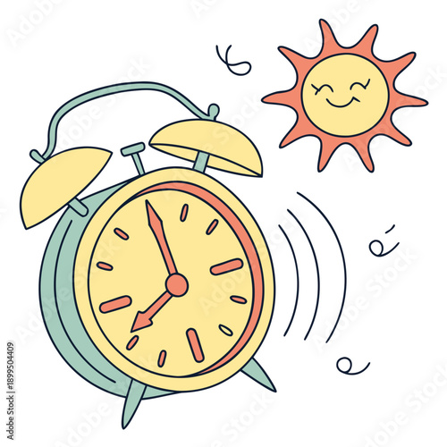 A cheerful alarm clock under a bright sunny sky with gentle rain drops.