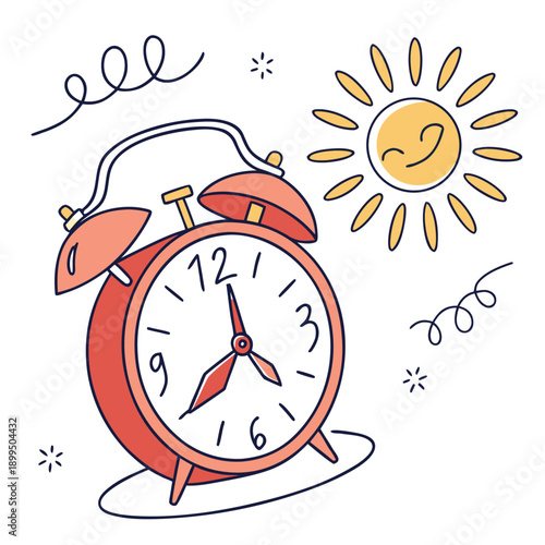 Vibrant alarm clock with sun and clouds indicating morning wake-up time