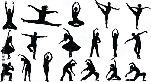 Dance silhouettes collection, ballet, modern and contemporary dancers poses, black human figures isolated on white background illustration
