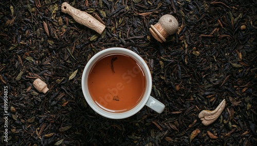 Tea Cup Sits on Dark Tea Leaves With Wooden Items Scattered Around During Aft...