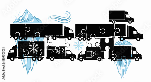 Illustrative puzzle trucks representing logistics and cold chain solutions