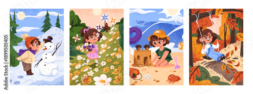 Cute little girl plays in nature set. Happy child is in four seasons. Funny kid has fun, walks, swings, makes snowman outdoors in summer, autumn, winter and spring. Flat hand drawn vector illustration