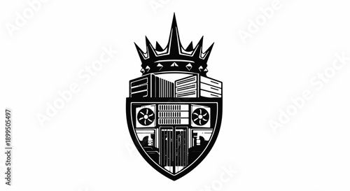 Heraldic shield with crown, computers, and server racks symbolizing technology and power