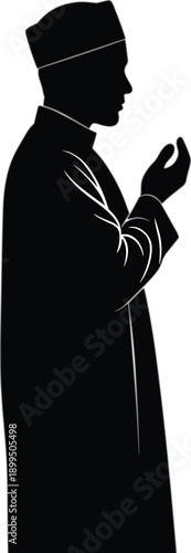 Muslim man praying with raised hands silhouette isolated on white background showing islamic faith devotion worship and spiritual belief concept