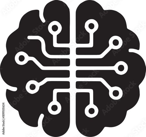 Stylized brain icon constructed from circuit lines and nodes, representing artificial intelligence, neural network processing, and cognitive computing, designed in a bold black vector style