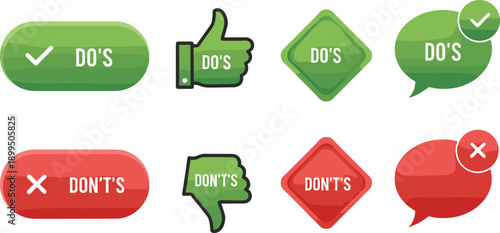 Do and don’t icons set, green red symbols, correct wrong signs, approval rejection buttons, guideline checklist illustration vector