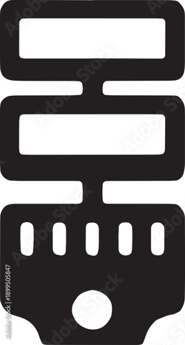 Vertical server component or GPU card icon, representing high-performance computing, ai training hardware, and data center infrastructure, designed in a bold black vector style