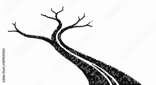 Abstract representation of a winding road leading to a bare tree, symbolizing a journey or path.