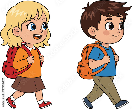 Cute school kids walking with backpacks, boy and girl pupils going to school, back to school illustration isolated