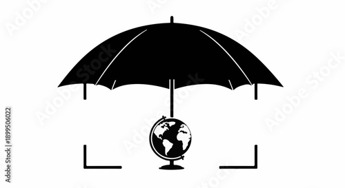 Global protection and security symbolized by a black umbrella sheltering a small earth globe.