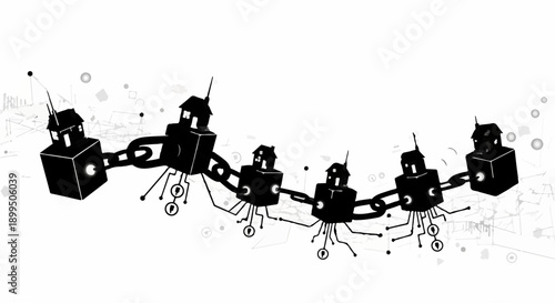 Whimsical chain of futuristic robot houses connected for a digital journey