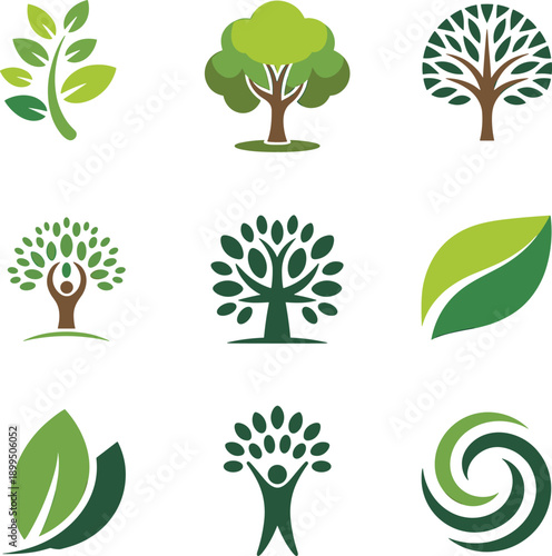 Eco tree and leaf logo collection, green nature sustainability symbols, organic wellness growth branding vector icons