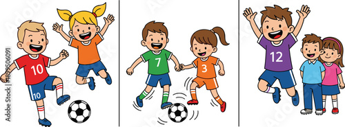 Happy kids playing soccer together, children football teamwork concept, boys and girls cartoon illustration isolated on white