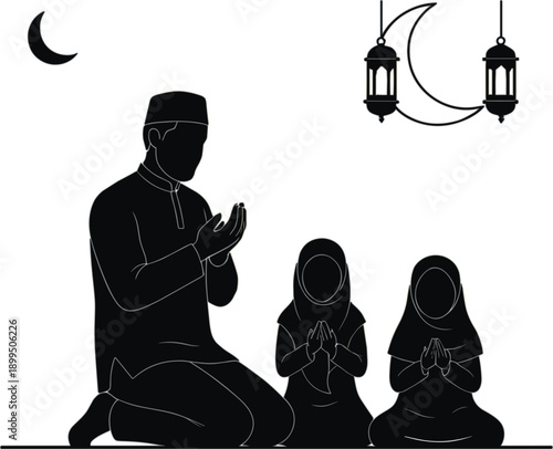 Muslim family praying together silhouette with lanterns crescent moon isolated on white background ramadan islamic worship concept illustration
